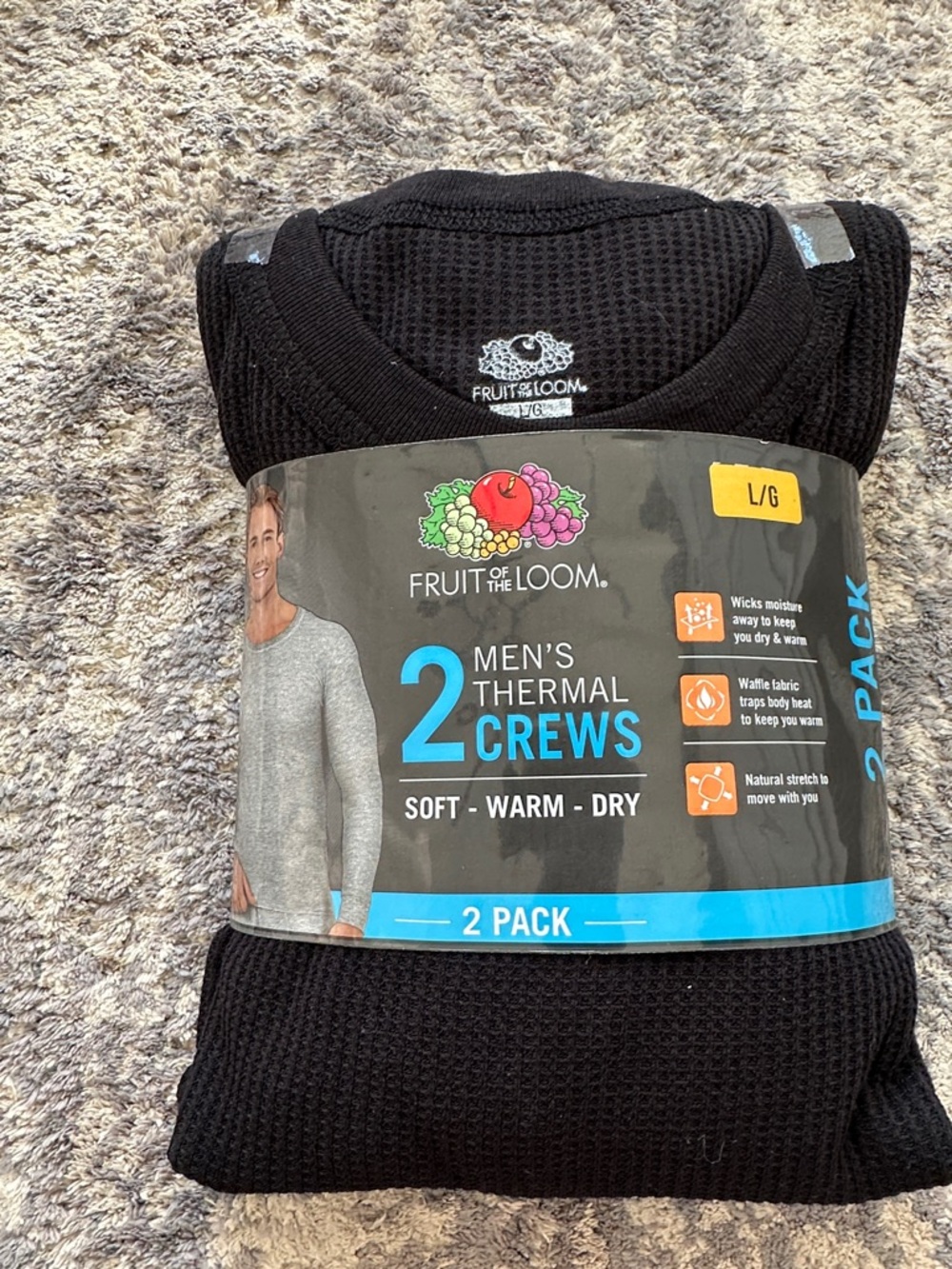 Fruit of the Loom Men's Thermal Crew Undershirts - Black (2 Pack)